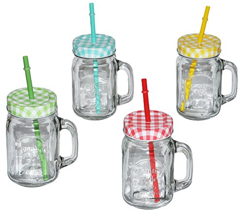 2 Stk Henkelbecher - Gläser mit Strohhalm & Deckel - bunte Farben - Trinkbecher als  Milchglas  Sommerglas - Flasche z.B. Limonade Erfrischung Sommer - Sm..