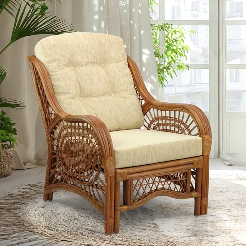 Malibu Lounge Living Accent Armchair Natural Rattan Wicker Handmade Design, Colonial with Cream Cushion