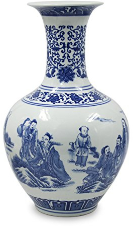 Dahlia Blaue und weiße Vase, handgefertigte chinesische Porzellan-Blumenvase, acht Unsterbliche, chinesische Flaschenform, 33 cm