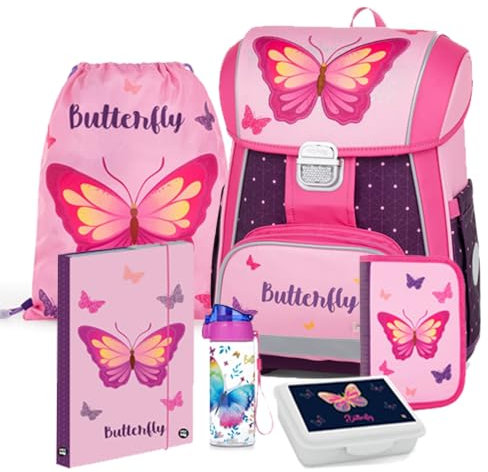 Butterfly Schmetterlinge Schulranzen Schulmappe Schultasche Schulrucksack Ranzen Set mit Federtasche Sportbeutel Heftbox