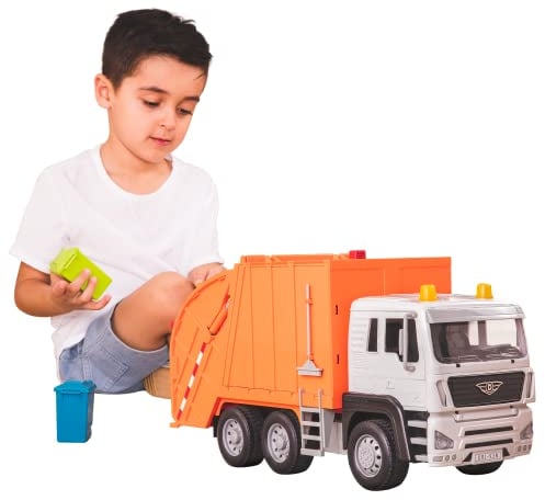 Driven by Battat - Large 18-Inch Orange Recycling Truck Toy for Kids – Lights & Sounds, Working Rear Loader & Bins – City Sanitation Vehicle – 3+ Years