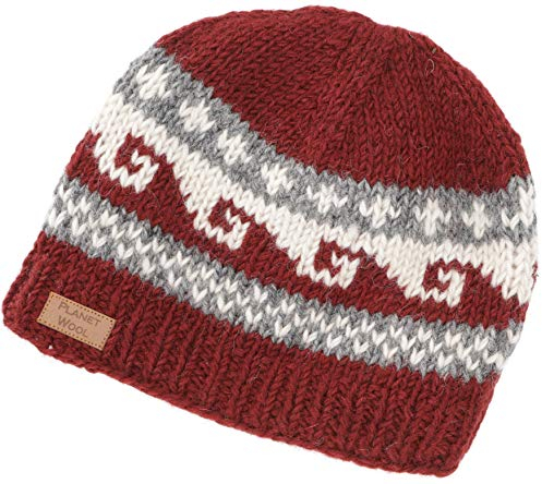 GURU SHOP Beanie Mütze, Strickmütze mit Mäandermuster aus Nepal, Wintermütze, Herren/Damen, Rot, Wolle, Size:One Size