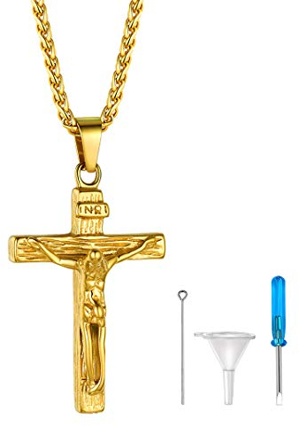 GoldChic Edelstahl Jesus Kreuz Asche Urne Anhänger Halskette Memorial Kreuz Urnekette für Asche Gold Mini Urne Kapsel Pendant Anhänger mit 55cm+5cm Kette