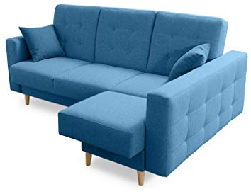 Robin Hilton Ecksofa mit Schlaffunktion Bettkasten 2 Kissen Sofa L-Form Schlafsofa Freistehende Eckcouch Schlafcouch Wohnzimmermöbel Wohnlandschaft Rechts Blau