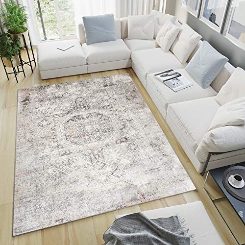 TAPISO Valley Teppich Kurzflor Vintage Ethno Hellgrau Ornamental Meliert Verwischt Used Effekt Wohnzimmer Schlafzimmer ÖKO-TEX 300 x 400 cm