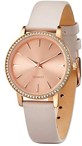 SURVAN WatchDesigner Uhr Damen Elegant Stil Leder Armband Diamant Zifferblatt Spitzen Förmig Ziffer mit Saphirglas Modisch Quarzwerk Mode Accessoire (Weiß)