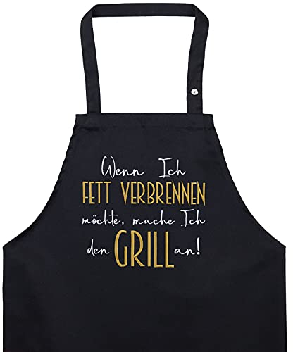 EXPRESS-STICKEREI BBQ Grillschürze - Lustige Kochschürze für Grillfans - Verstellbare Latzschürze für Männer/Frauen - Küchenschürze mit Spruch Wenn ich fett verbrennen möchte, mache ich den Grill an!