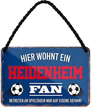 Hier wohnt ein Heidenheim Fan Blechschild - Metallschild mit Kordel und Saugnapf - Fussball Fans Ultras Anhänger Begeisterte - Wanddeko Türdeko Man Cave Jugendzimmer Werkstatt Wohnzimmer - 18x12cm