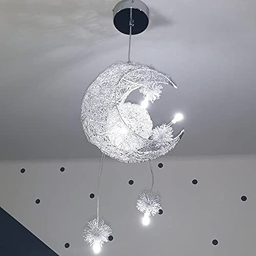 iDEGU Lampada a Sospensione LED Plafoniera Creativa Design Luna e Stelle Lampada da Soffitto Moderno con 5 Lampadine Lampadario per Camera dei Bambini (Luce Bianca Fredda)