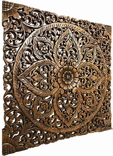 Asiana Home Decor Floral Wood Carved Wall Art Panel. Decorative Bali Headboard (24''x24'', Brown)