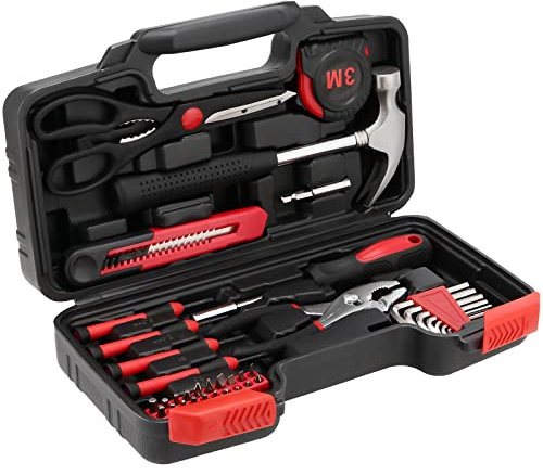 ZOENHOU Juego de herramientas de mano de 39 piezas, kit de herramientas de garaje para el hogar, kit de herramientas de bricolaje con todos los elementos esenciales en una funda de transporte, rojo