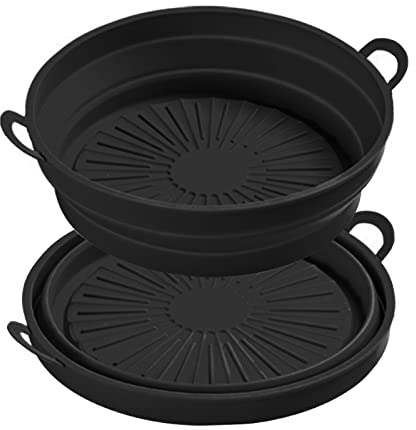 Air Fryer Silikontopf, 2er Pack Silikonkorb Faltbare, Runder Heißluftfritteuse Korb Zubehör Ersatz, Wiederverwendbar Antihaft Airfryer Silikon Backpapier für Backofen, Mikrowelle (Schwarz 21cm)