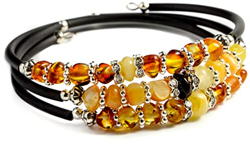 Baltisches Bernsteinarmband mit Gummischnur, handgefertigter Edelsteinschmuck für Frauen, Handgelenkgröße 16 cm - 19 cm (Dreilagiges Armband/Three-layer snake) Multi