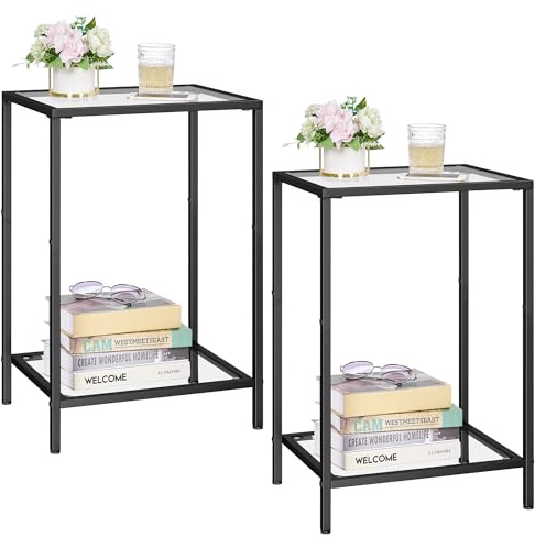 HOMSHO Side Tables Set of 2, End Tables with Tempered Glass, 2-Tier Nightstands with Storage Shelves, Coffee Table with Modern Style, Slim Sofa Table for Living Room, Bedroom, 11.8 D x 15 W, Black