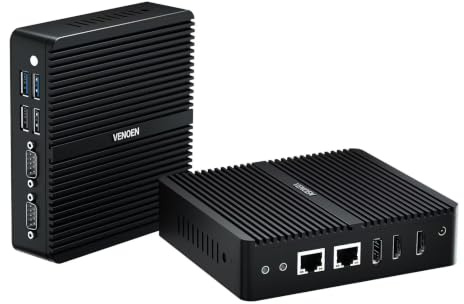VENOEN Fanless Mini-PC der 12. Gen Celeron J6412, W 11, 16GB DDR4 RAM 256GB SSD, Dual HD, DP, 3-Display, 2 RJ45 LAN, USB3.0, DB9 COM, Dual Band WiFi, BT4.2, Kleiner Desktop-Computer, Auto Power On
