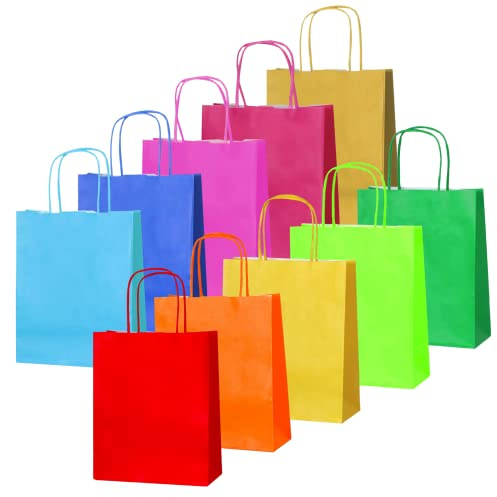 Thepaperbagstore 50 Rainbow Small Paper Bags with Twist Handles 18x22x8cm | colour recyclable kraft, ideal for sweets, favours, gifts, weddings, birthdays, parties and events
