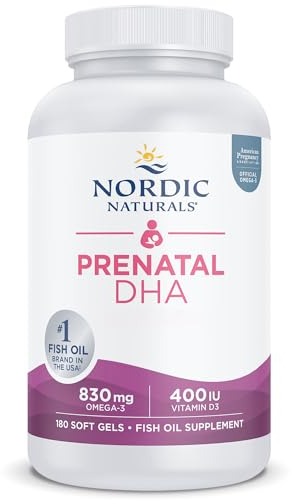 Nordic Naturals, Prenatal DHA, 830mg d'Oméga-3 avec EPA et DHA, Haute Dosé, Goût Neutre, 180 Capsules molles, Testé en Laboratoire, Sans Soja, Sans Gluten, Sans OGM