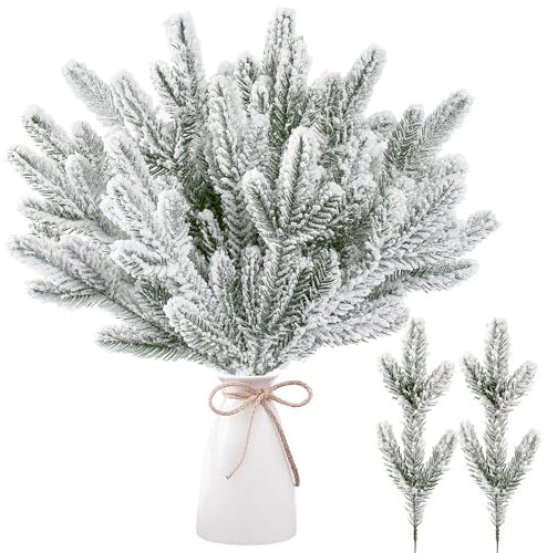 Sggvecsy 30 Stück Schnee gefrostete künstliche Tannenzweige Weihnachten schneebedeckte Tannennadeln Fake Greenery Pine Spray Picks für DIY Handwerk Girlande Kranz Xmas Verschönerung Zuhause Urlaub