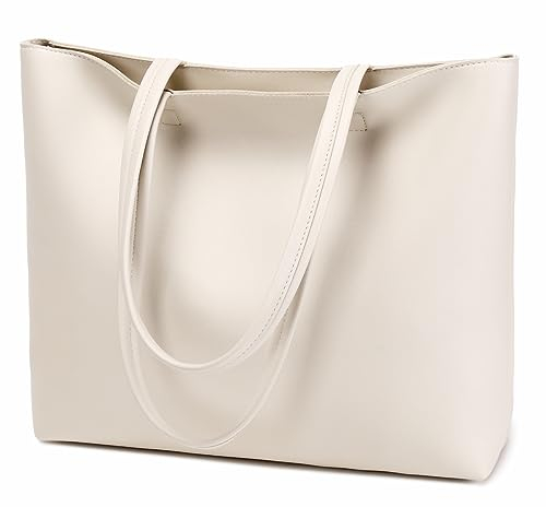 MEEGIRL Damen Henkeltaschen, Einfache Handtaschen PU Leder Tote Shopper Bag für Arbeit, Schule, Einkauf mit Reißverschluss und Innentasche Beige