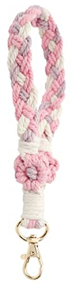 Fuqimanman2020 Boho-Makramee-Schlüsselanhänger, Armband, handgefertigt, Schlüsselanhänger, Schmetterling, Herz, Blume, Handgelenk-Schlüsselband für Frauen und Mädchen, Blume/Pink, Groß