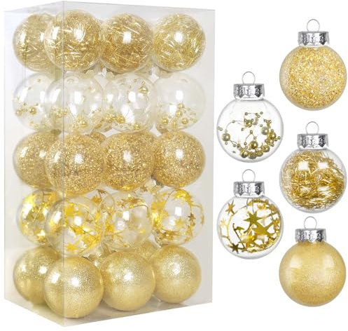 Dremisland Christmas Baubles 30pcs Christmas Tree Decorations Gold Xmas Balls 60mm Large Shatterproof Clear Fillable Balls Hanging Delicate Glitter Ornaments Balls Set Xmas Party Home Hoilday Decor