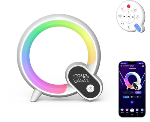 LINTRY Intelligente LED Tischlampe, Wake Up Light Smart Wecker Simuliert, Dimmbare AtmosphäRenlampe Musik Alarm Clock Kalender Uhr Temperatur, APP Steuerung Nachtlicht Mit Bluetooth Lautsprecher