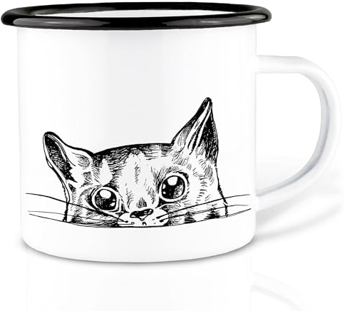 Ligarti Emaille Tasse (leicht & robust) | Camping Becher handveredelt in Deutschland | Trinkbecher für Kinder, Kaffeetasse, Emaillebecher | Essende Tiere (Ilma, 480ml)