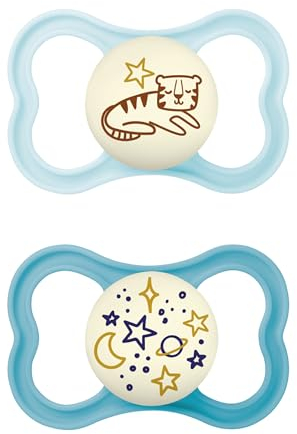 MAM Supreme Night Schnuller im 2er-Set, leuchtender Babyschnuller für eine gesunde Zahn- und Kieferentwicklung, beugt Hautreizungen vor, mit Schnullerbox, 6-16 Monate, Tiger/Universum