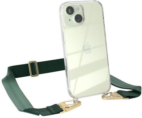 EAZY CASE - Hülle mit Band kompatibel mit iPhone 15 Handyhülle mit Umhängeband Silikonhülle Transparent Schutzhülle Handykette zum Umhängen Handykordel Smartphone in Pinien Grün - Clips Gold