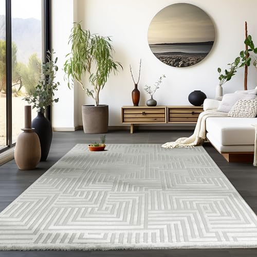HomebyHome Kurzflor Teppich Wohnzimmer Grau 3D Skandinavischer Stil Modern 120 x 170 cm - Waschbar Schlafzimmer Küche Geometrisches Design Weich