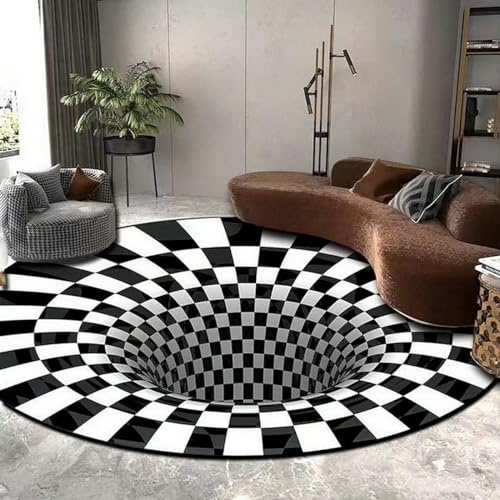 Dazzluxe 3D-Teppich Mit Optischer Täuschung Runder Schwarzes Loch, Stereo-Teppich, Illusions-Flanell-Teppiche, Schwarz-Weiß Ultraweiche, rutschfeste Teppiche Für Wohnzimmer, Schlafzimmer,F,4 ft