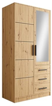 Mirjan24 Drehtürenschrank Kerkon 2D, Kleiderschrank mit 3 Schubladen, Kleiderstange und Spiegel, Elegantes Schlafzimmer Schrank, Jugendzimmer (Artisan Eiche, ohne Schrankaufsatz)
