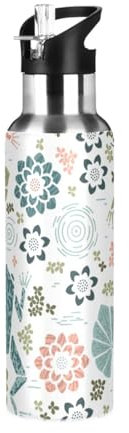 ZRWLUCKY Sport-Wasserflasche, Motiv: Swamp Frogs und Blumenblätter, isolierte Edelstahl-Wasserflasche mit Strohhalm-Deckel, auslaufsicher, Vakuum-Wasserkrug für Fitnessstudio, Schule, Outdoor, Reisen,