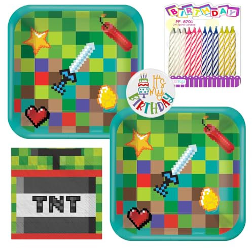 Ziggos Party Geburstagskuchengeschirr Bundle - Teller, Servietten und Kerzen (Pixel Party)