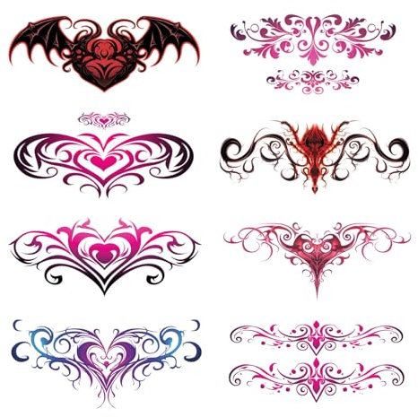 CARGEN Sexy Succubus Belly Temporary Tattoos -8 Sheets of Colourful Heart Designs Cover Scars Tattoo For Belly Button Back Waist Uterus Tattoo Stickers For Adult Girls Women