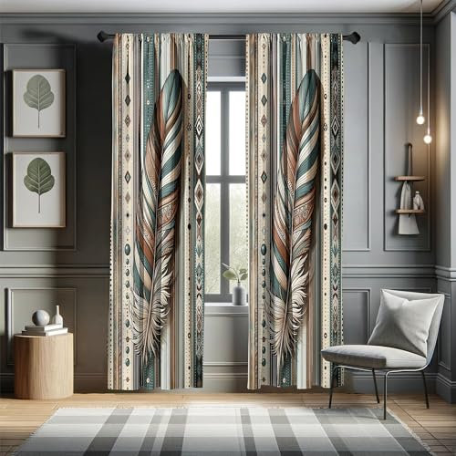 ABAKUHAUS Bohémien Tenda a Pannello Set di 2, Grande Piuma audace su Linee, Trattamento della Finestra per Stanza e Camera da Letto, 150 cm x 245 cm, Blu Cadetto Beige Marrone