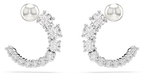 Swarovski Matrix Kreolen, Weiße, Rhodinierte Ohrringe mit Kristallperle und Strahlenden Swarovski Kristallen im Rundschliff