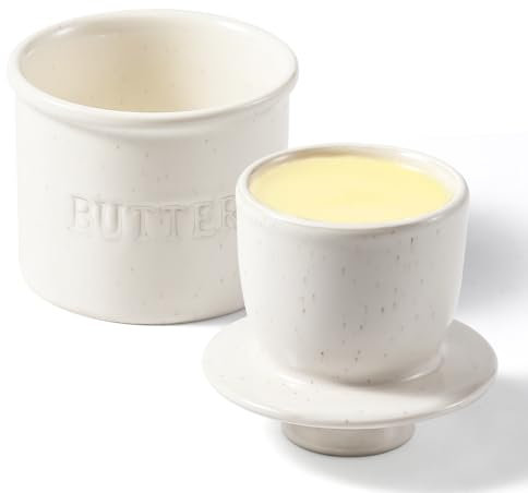 Butter Crock with Lid for Countertop - Ceramic French Butter Dish for Spreadable Soft Butter, Butter Container Holder with a Water Seal, Housewarming Gift, Kitchen and Home Decor, Speckled White