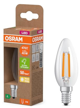 Osram LED Superstar Classic LED-Lampe B 40 in klassischer Minikerzenform, klarer Glaskörper, 2.2 W, 470 lm, E14 Fassung, 2700 K für warmweißes Licht, EEK A, 35 mm Durchmesser.