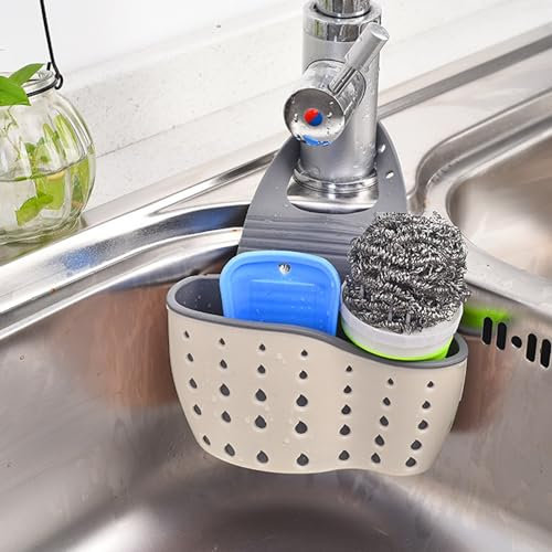 Hemore Porte-éponge de l'évier Suspendu, Porte-éponge Robinet avec Sangle et Trous de Drainage réglables, Panier de Caddy en Plastique en Plastique, Caddie de l'évier de Cuisine pour séchage