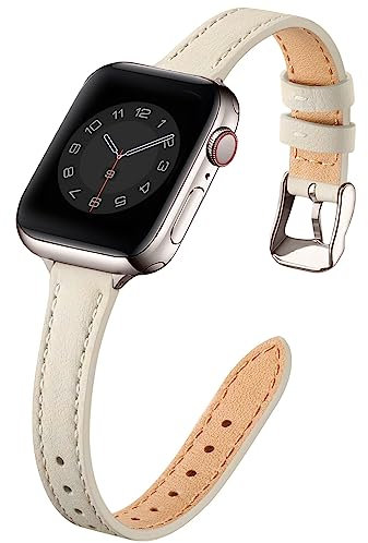 Leather Strap Compatible with Apple Watch Straps 42mm(Series 10) 41mm 40mm 38mm,Genuine Slim&Thin Leather Replacement Band for Apple Watch Series 10 9 8 7 6 5 4 3 2 1/SE(Lvory white&Starlight)