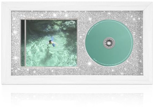 TAYRTVO CD-Display-Rahmen für CD-Hüllen und Discs aus Massivholz, Wandmontage und signierter CD-Display-Rahmen, glitzernder weißer Stil, 20,1 x 36,3 cm
