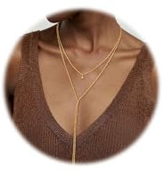 Dochais Collier en Or Pour Femmes, Long Collier en Y Superposé Style Lariat, Plaqué Or 14k Avec Zircon 5A, Collier Tendance Simple, Mode Et Anti-Ternissement, Idéal Comme Cadeau (B)