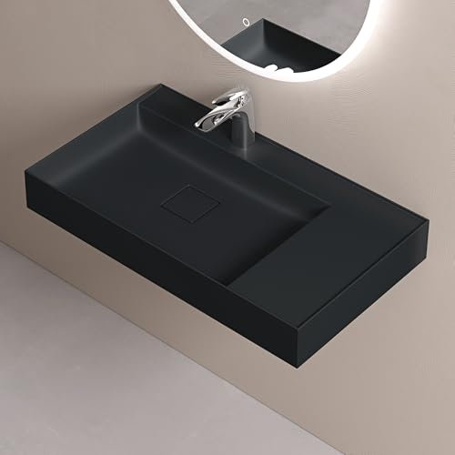 doporro Waschbecken Aufsatzwaschbecken Hängewaschbecken aus Mineralguss BTH: 80×46×12cm Waschplätze in matt Anthrazit inkl. Ablaufgarnitur Colossum630