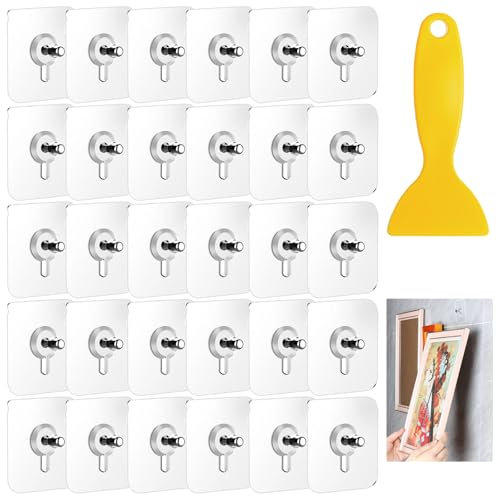 30Pcs Picture Hooks and Hanging Strips - No Nails, Transparent Waterproof Heavy Duty Hangers With Scraper for Wall, Bathroom, Kitchen