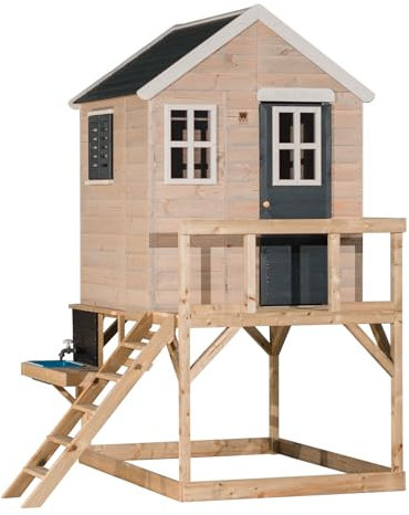 Wendi Toys M21-K Stelzenhaus mit Küche aus Holz, Kinder Spielhaus Garten Outdoor mit Wasserhahn, Herd, Kreidetafel, 160×190×242 cm, wetterfest