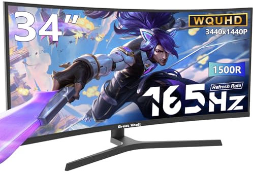 Great Voell 34 Inch Gaming Monitor Curved, 165Hz, UWQHD 3440x1440, Ultrawide Monitor, 1500R, 1Ms, 99%sRGB, HDMI 2.0, DP 1.4, FreeSync, HDR, Anti-Blue Light Eye Protection, VESA, Multifunctional Stand