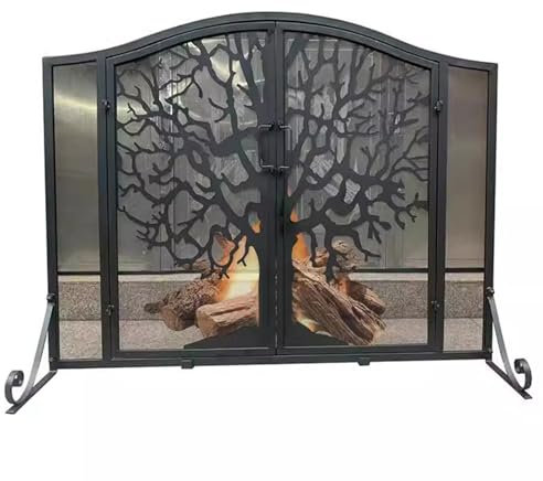 GTPBAO Salvachispas Chimenea Mampara para Chimenea Plana con Puertas con Cerradura y Soporte, 96×76cm, Diseño De Árbol De Hierro Forjado Protector De Llamas para De Sala De Estar