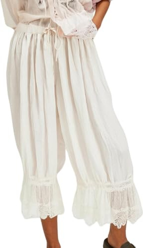 UAURORAO Women Lace Trim Long Bloomers Elastic Mid Rise Ruffle Pantaloons Cropped Flared Slips Pants Pajama Bottoms(White,L)