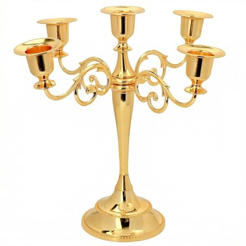QWORK® 5-Armig Edler Goldener Kerzenständer aus Aluminium - 27cm - für stilvolle Tischdekoration für Hochzeit, Abendessen bei Kerzenschein, Hotel- und Hausdeko
